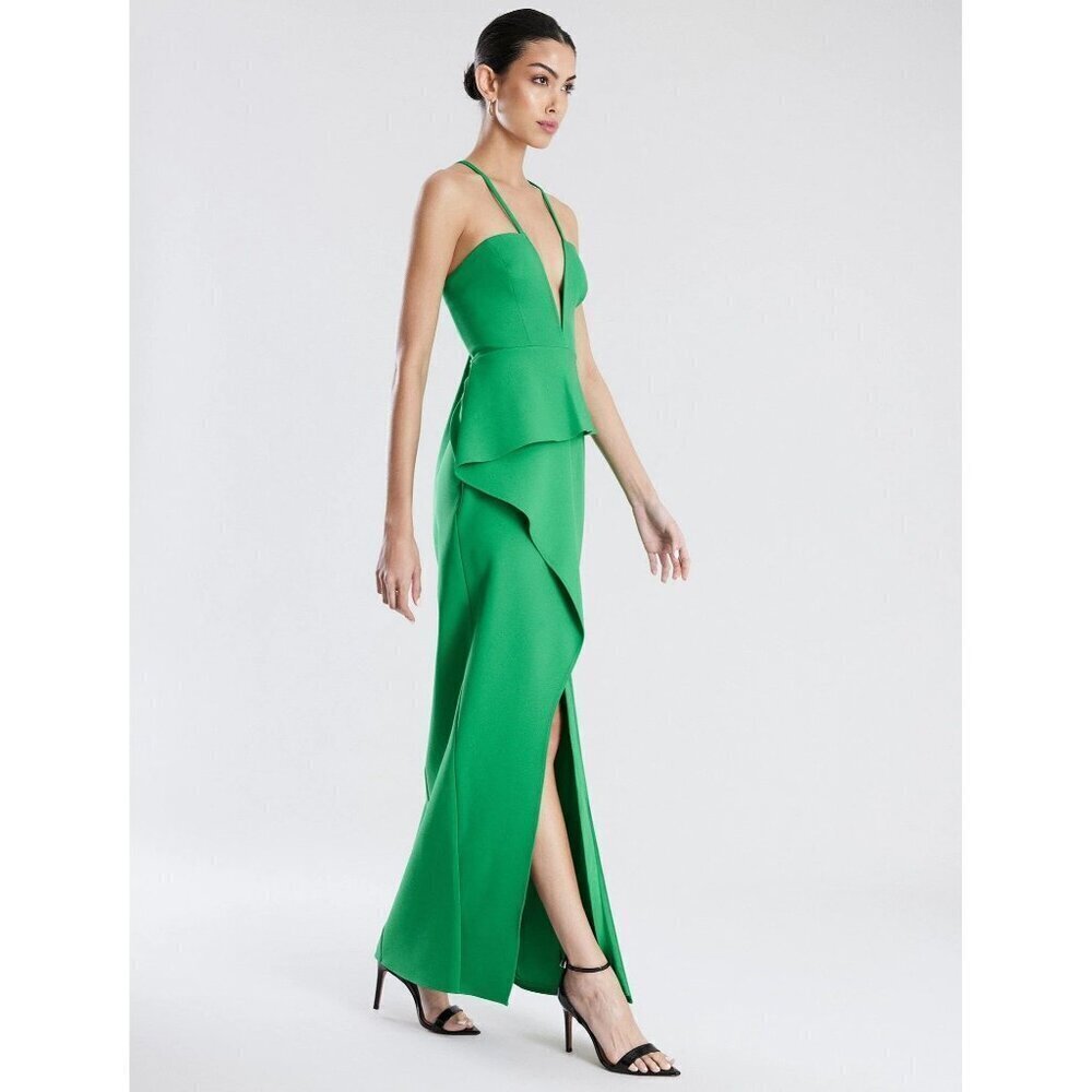 BCBGMAXAZRIA Daphne Peplum Crepe Evening Gown Malachite Womens Size 0 - Picture 2 of 10